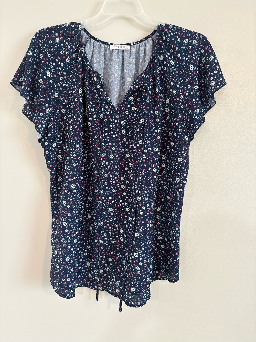 Simple Navy Floral V-Neck Ruffle Sleeve Blouse